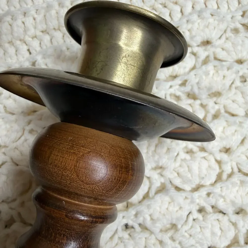 Vintage Mid Century Brass and Wood Candlestick Holders Set of Two Heavy